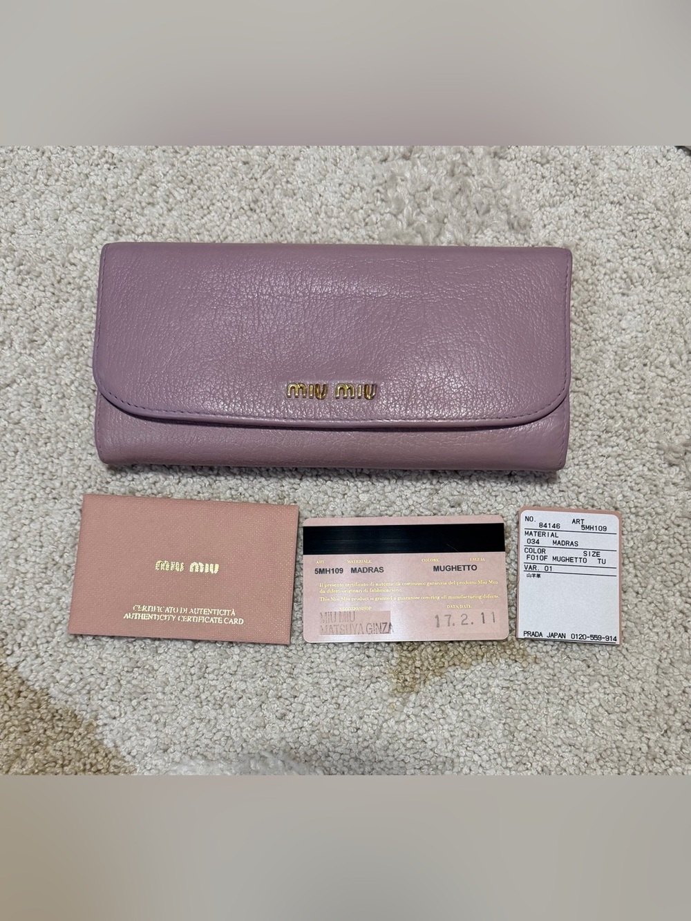 Miu Miu Soft Lilac Leather Continental Wallet with Gold Logo